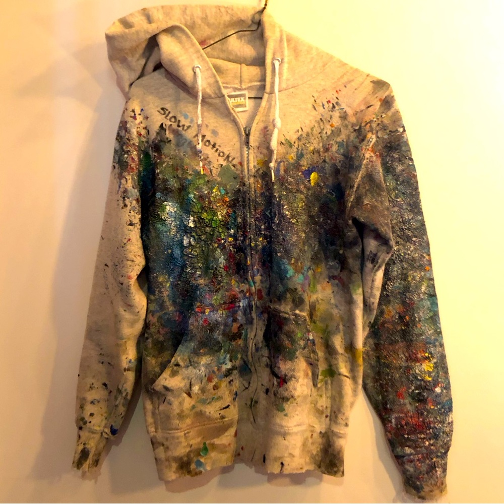 Handmade acrylic painted vintage zip up grey rainbow hoodie Small